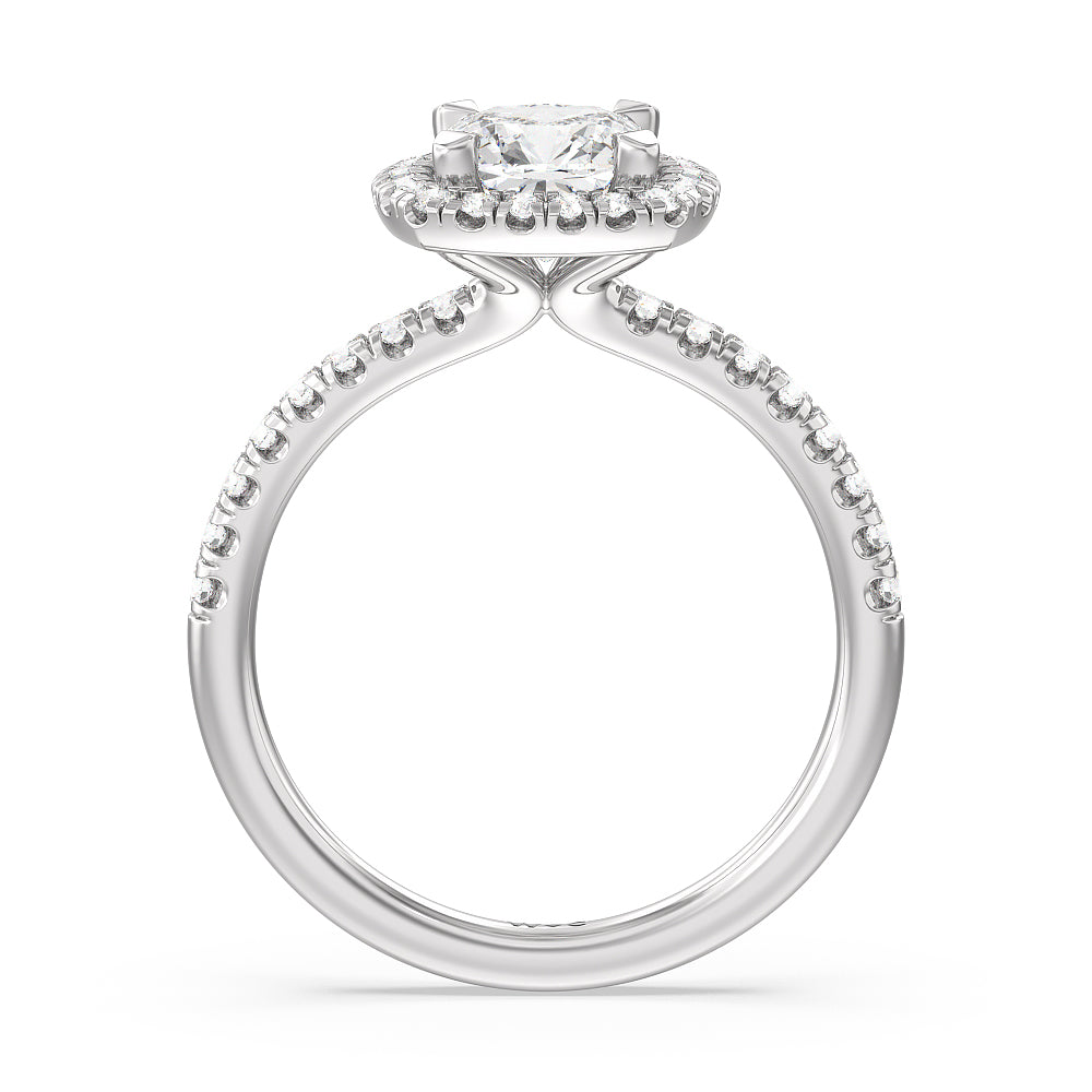Cushion Cut Seamless Diamond Shank Halo Engagement Ring with Lab Grown Diamond in 14KT Platinum view 2
