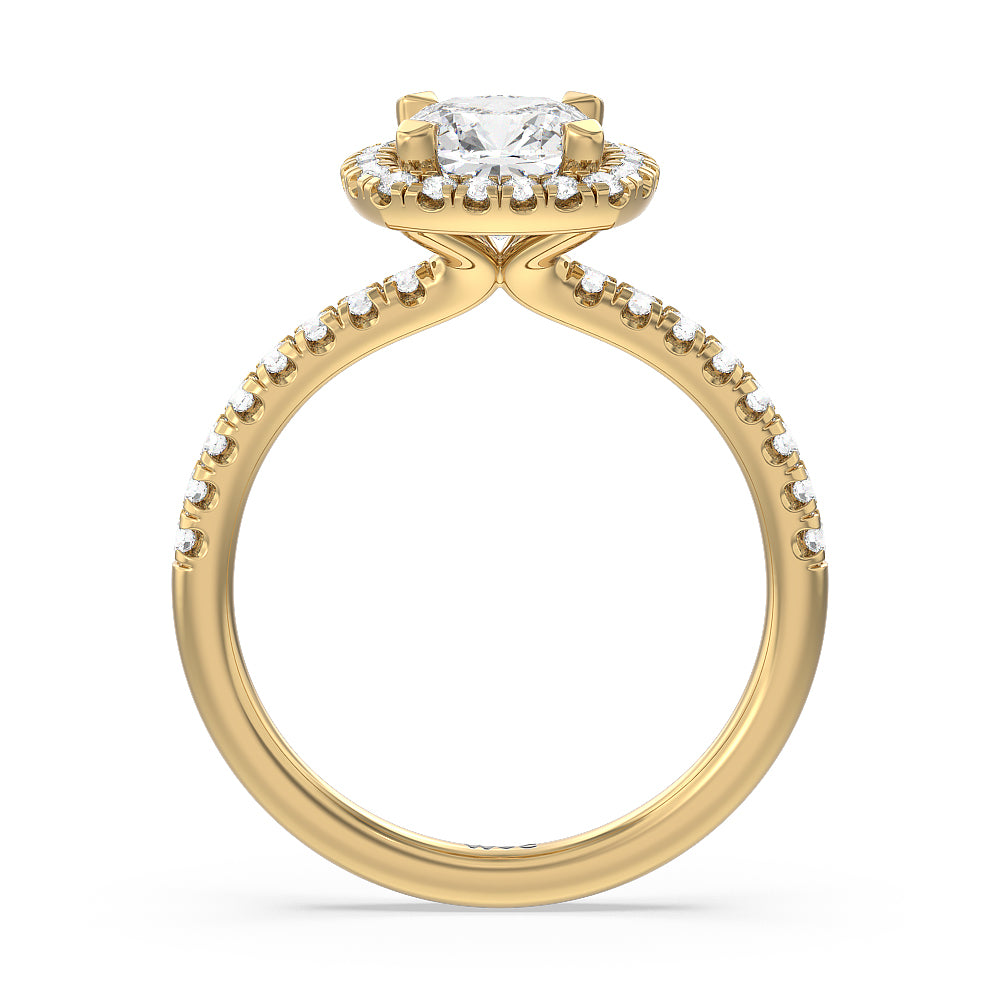 Cushion Cut Seamless Diamond Shank Halo Engagement Ring with Lab Grown Diamond in 14KT Yellow Gold view 2