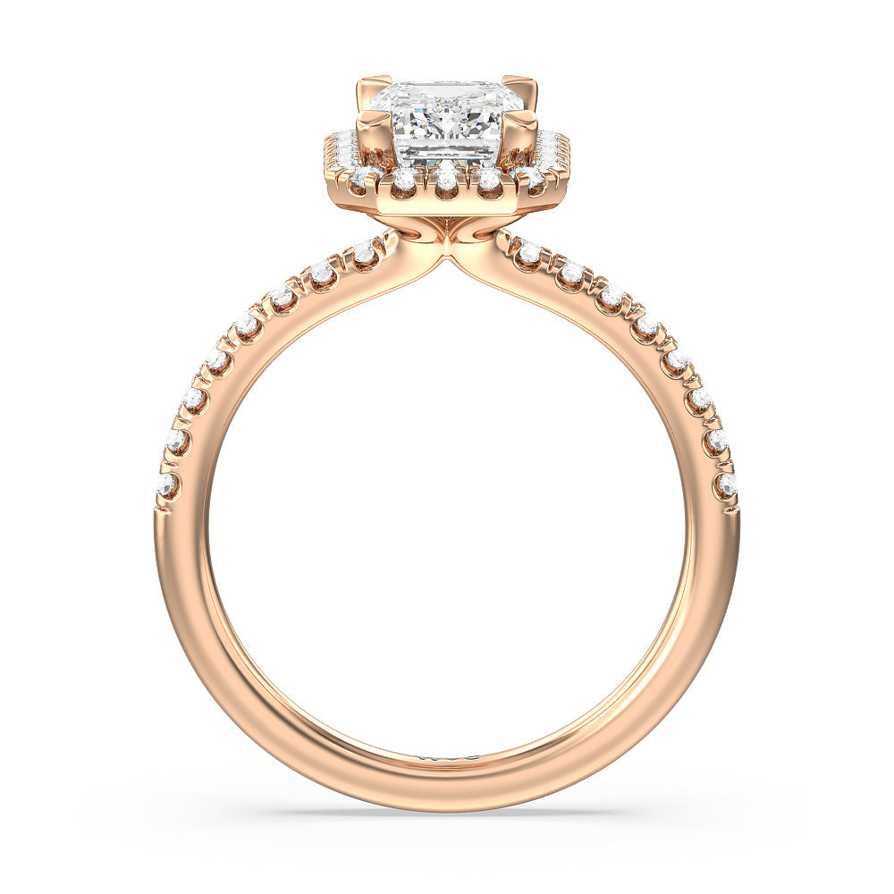 Emerald Cut Seamless Diamond Shank Halo Engagement Ring with Lab Grown Diamond in 14KT Rose Gold view 2