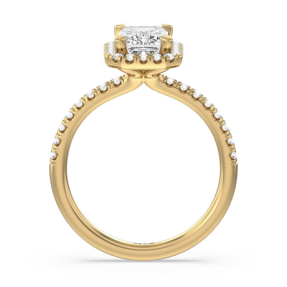 Emerald Cut Seamless Diamond Shank Halo Engagement Ring with Lab Grown Diamond in 14KT Yellow Gold view 2