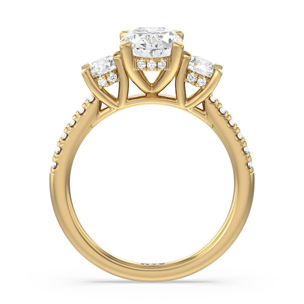 Three Stone Hidden Halo Cathedral Engagement Ring with Oval Cut Diamond in 14KT Yellow Gold view 2