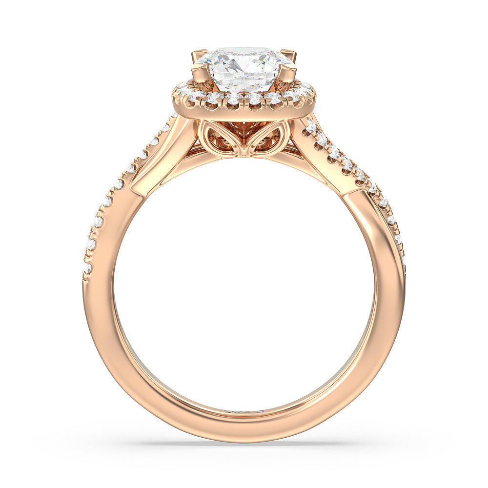 Crossover Split Cathedral Halo Engagement Ring with Cushion Cut Diamond in 14KT Rose Gold view 2