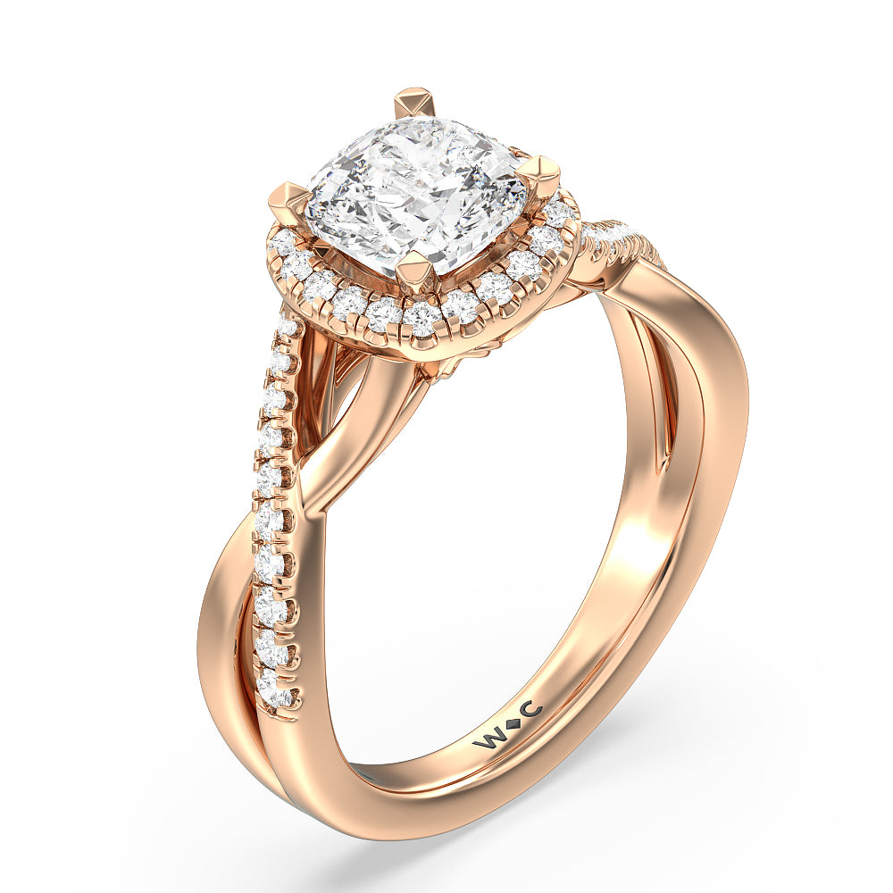 Crossover Split Cathedral Halo Engagement Ring with Cushion Cut Diamond in 14KT Rose Gold view 3