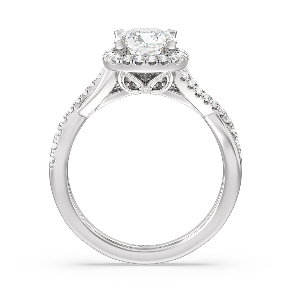 Crossover Split Cathedral Halo Engagement Ring with Cushion Cut Diamond in 14KT Platinum view 2