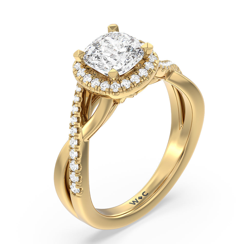 Crossover Split Cathedral Halo Engagement Ring with Cushion Cut Diamond in 14KT Yellow Gold view 3