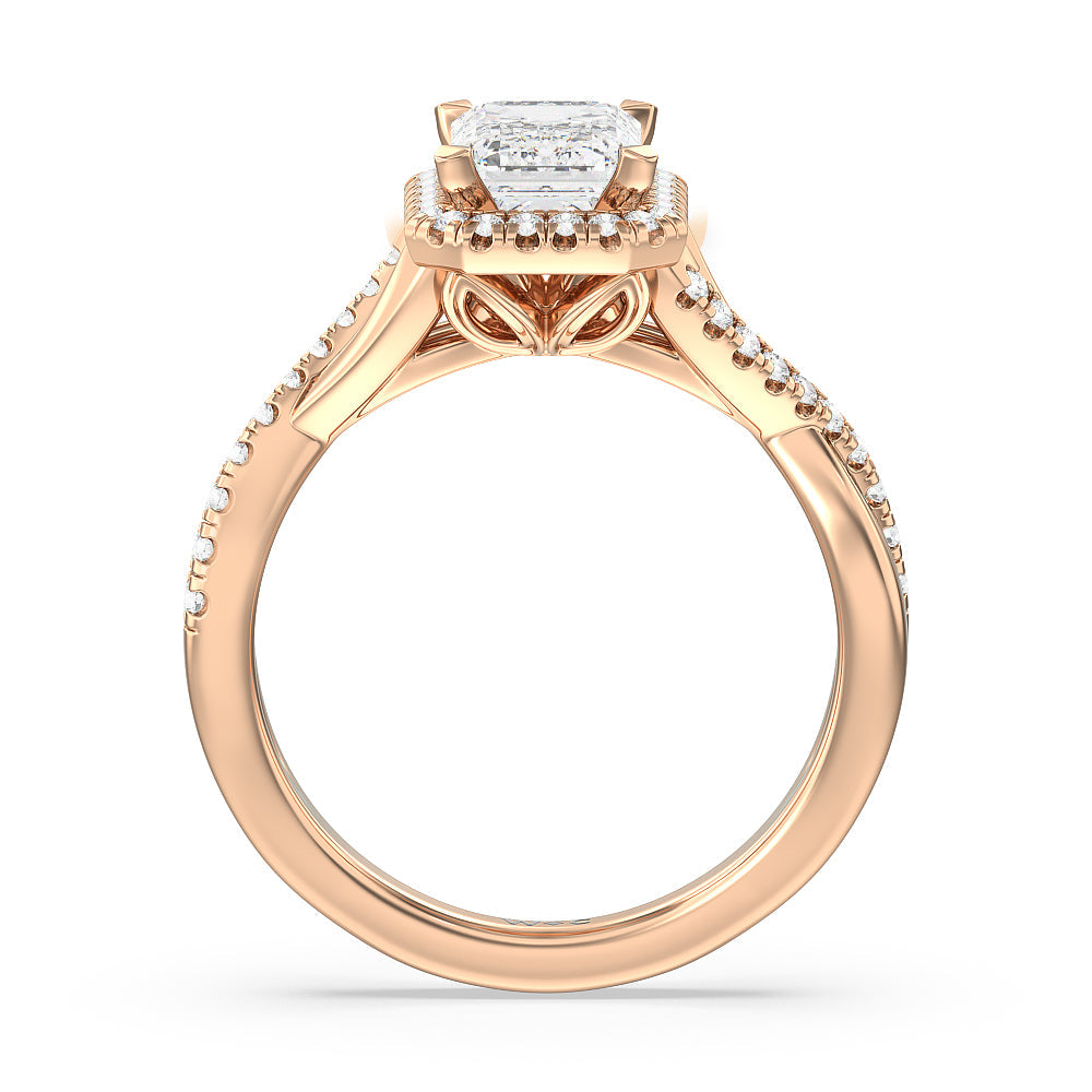 Crossover Split Cathedral Halo Engagement Ring with Emerald Cut Diamond in 14KT Rose Gold view 2