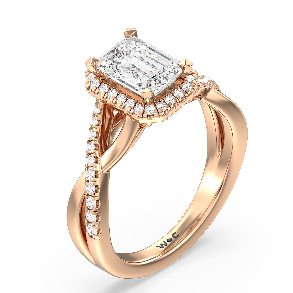 Crossover Split Cathedral Halo Engagement Ring with Emerald Cut Diamond in 14KT Rose Gold view 3