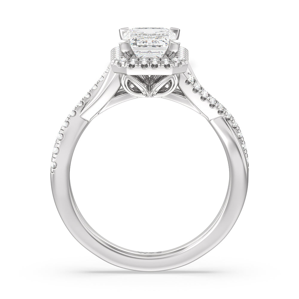 Crossover Split Cathedral Halo Engagement Ring with Emerald Cut Diamond in 14KT Platinum view 2
