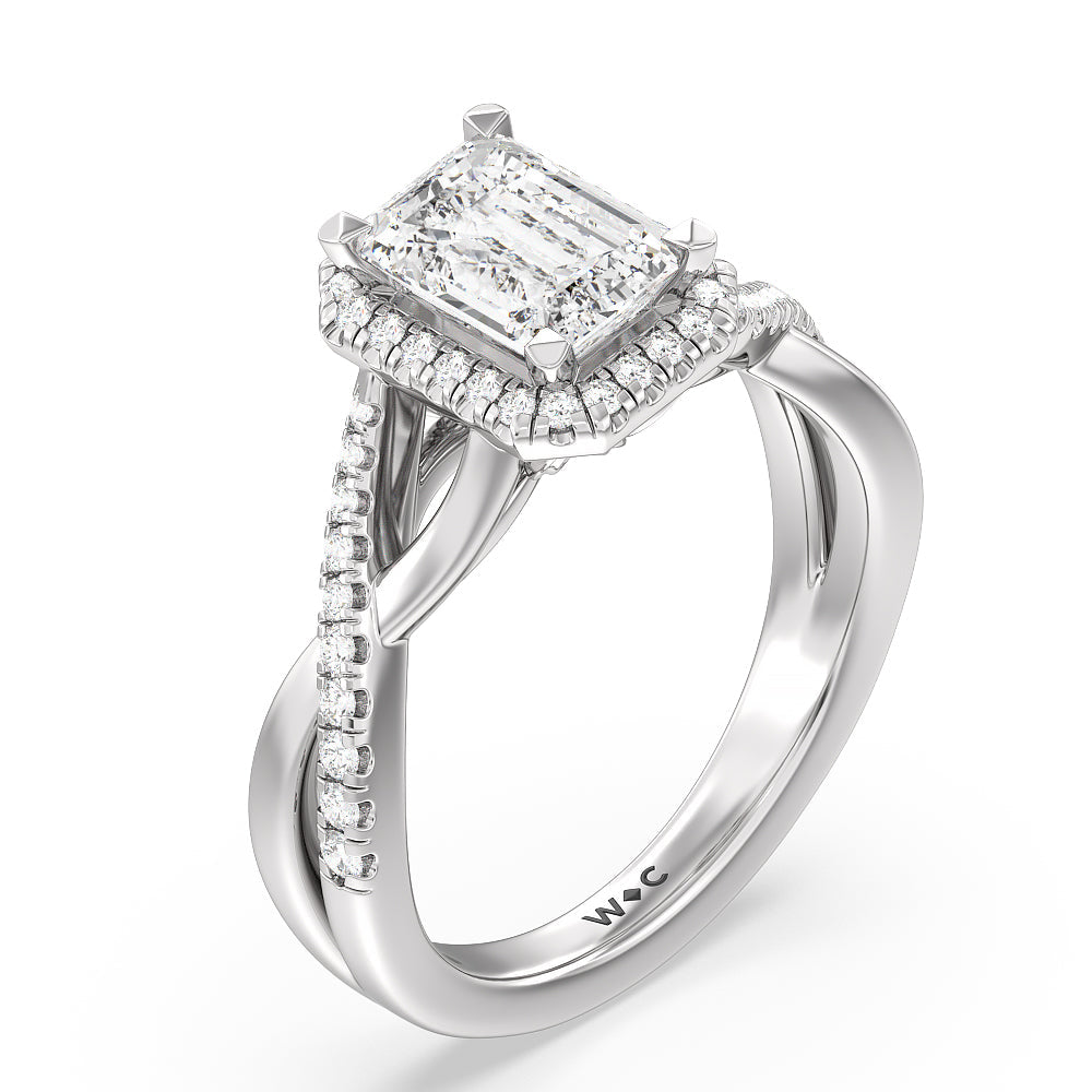 Crossover Split Cathedral Halo Engagement Ring with Emerald Cut Diamond in 14KT Platinum view 3