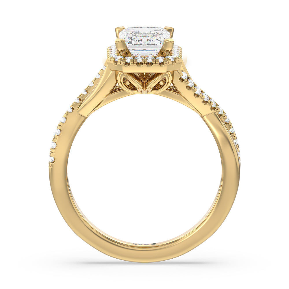 Crossover Split Cathedral Halo Engagement Ring with Emerald Cut Diamond in 14KT Yellow Gold view 2