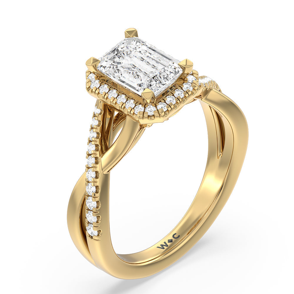 Crossover Split Cathedral Halo Engagement Ring with Emerald Cut Diamond in 14KT Yellow Gold view 3