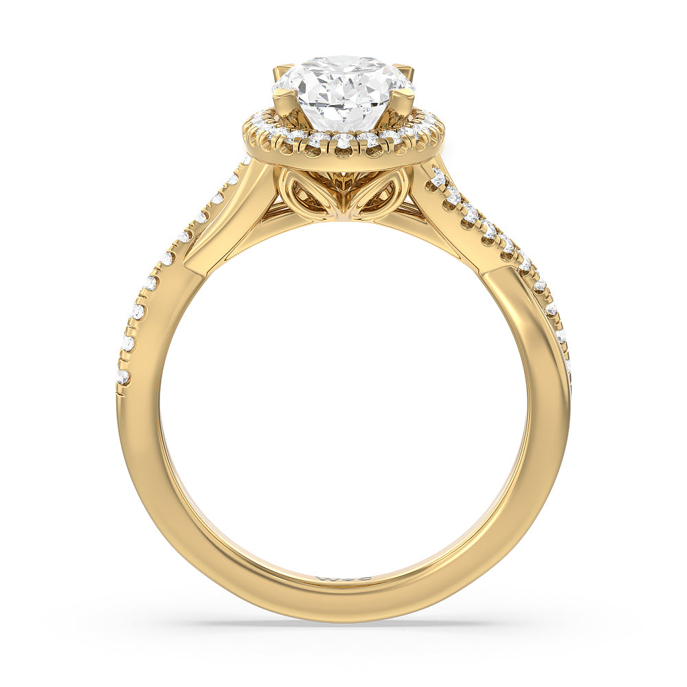 Crossover Split Cathedral Halo Engagement Ring with Oval Cut Diamond in 14KT Yellow Gold view 2