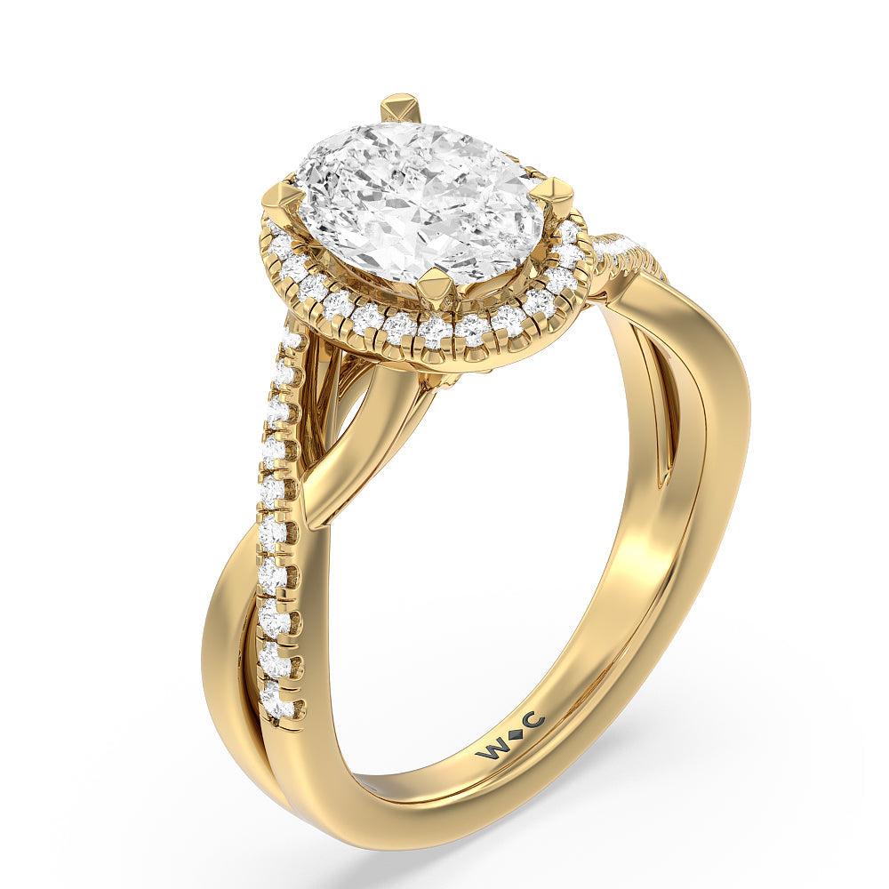 Crossover Split Cathedral Halo Engagement Ring with Oval Cut Diamond in 14KT Yellow Gold view 3