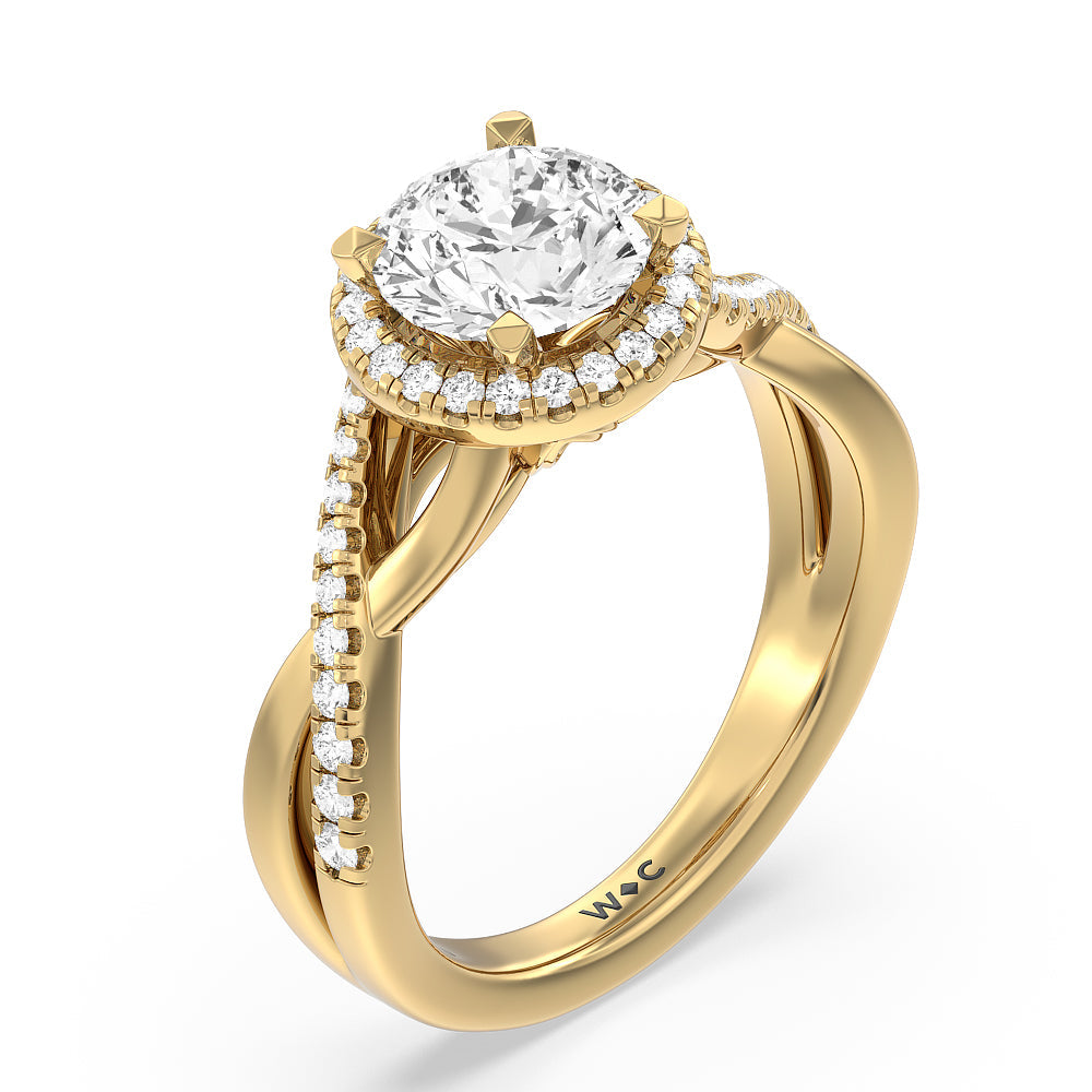 Crossover Split Cathedral Halo Engagement Ring with Round Cut Diamond in 14KT Yellow Gold view 3