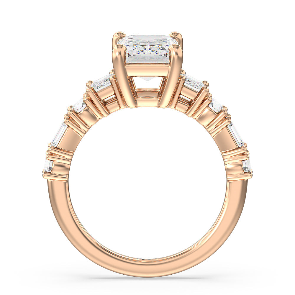 Emerald Cut Emerald and Round Side Stone Engagement Ring with Lab Grown Diamond in 14KT Rose Gold view 2