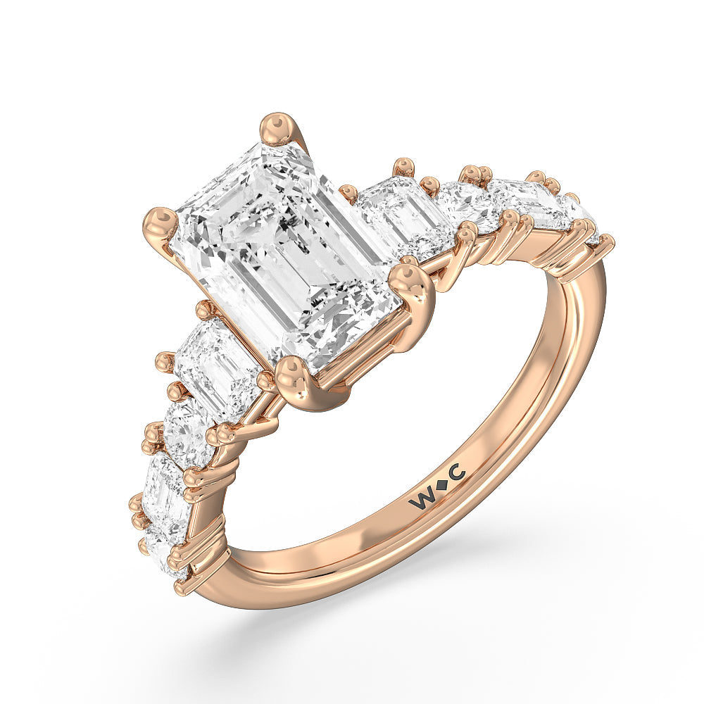 Emerald Cut Emerald and Round Side Stone Engagement Ring with Lab Grown Diamond in 14KT Rose Gold view 3