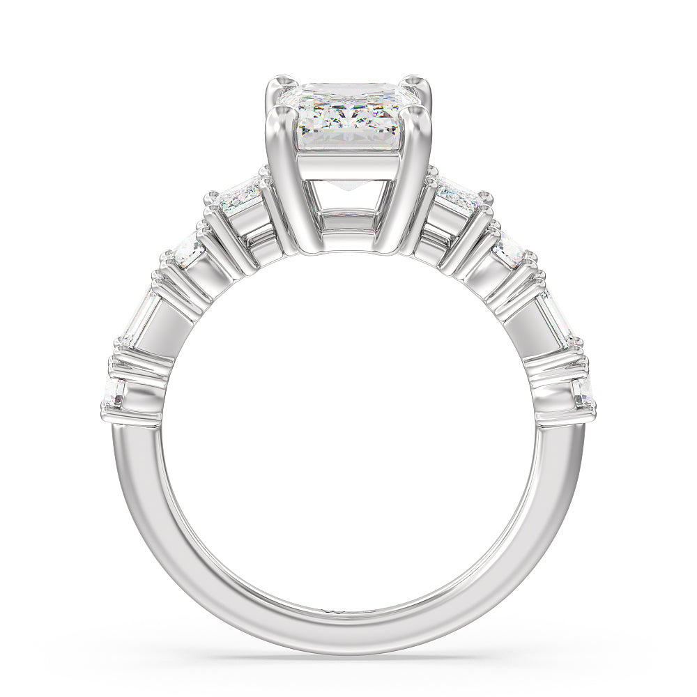 Emerald Cut Emerald and Round Side Stone Engagement Ring with Lab Grown Diamond in 14KT Platinum view 2
