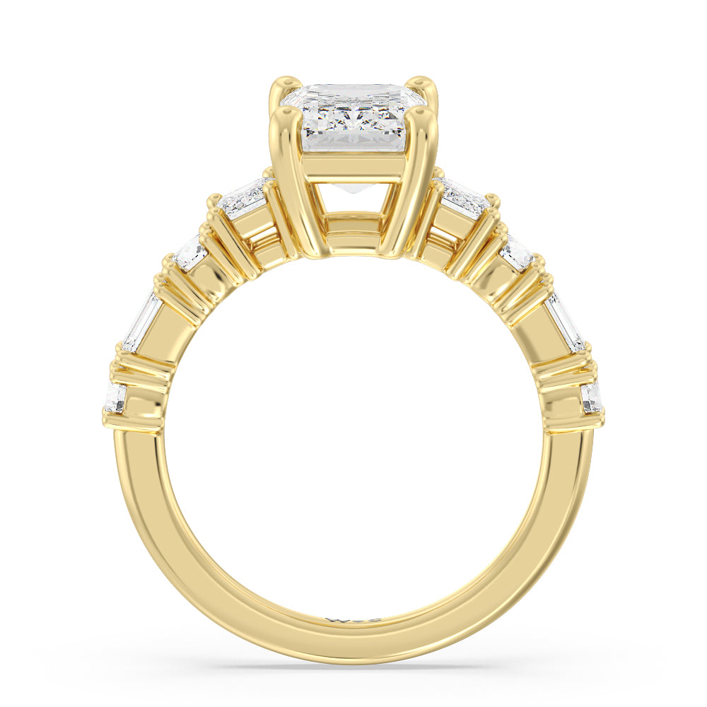 Emerald Cut Emerald and Round Side Stone Engagement Ring with Lab Grown Diamond in 14KT Yellow Gold view 2