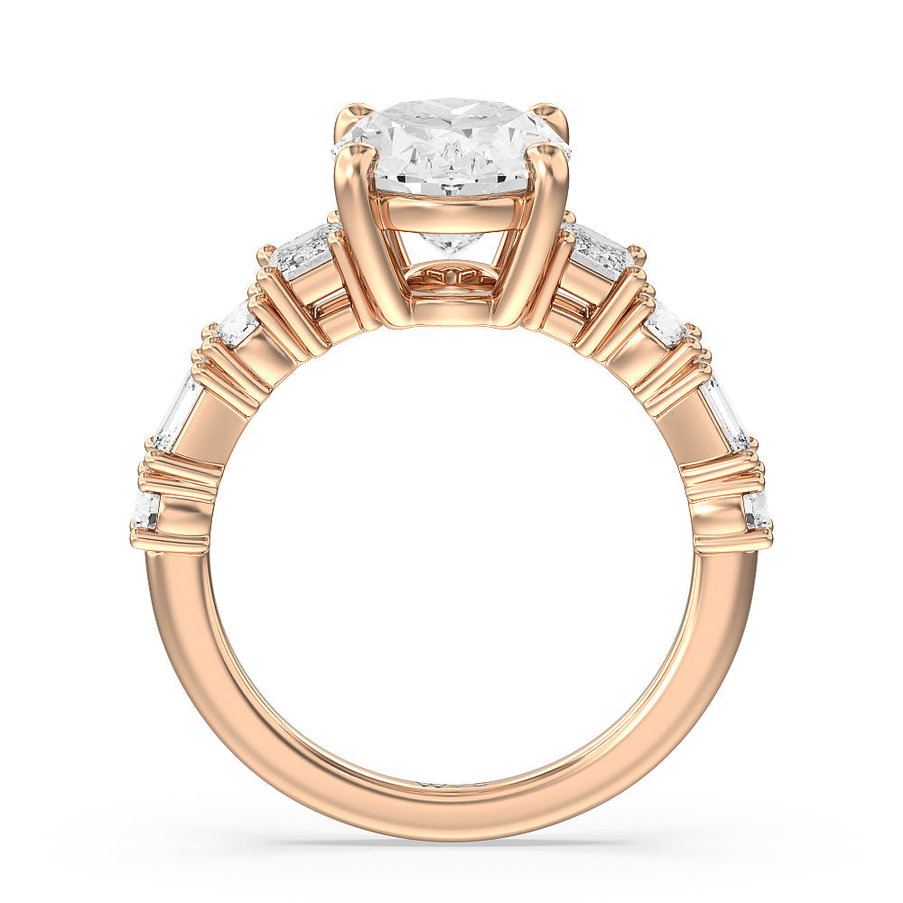 Oval Cut Emerald and Round Side Stone Engagement Ring with Lab Grown Diamond in 14KT Rose Gold view 2