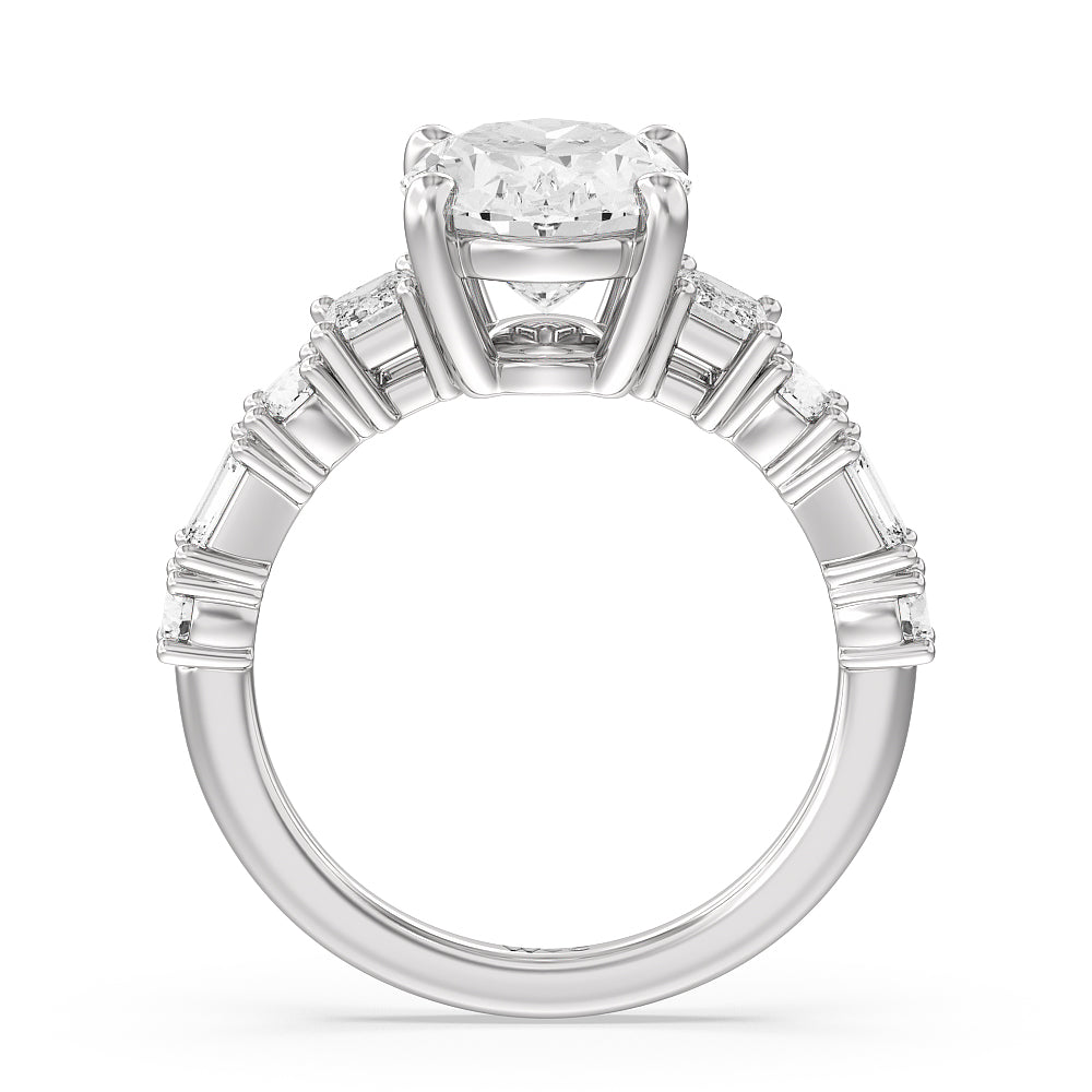 Oval Cut Emerald and Round Side Stone Engagement Ring with Lab Grown Diamond in 14KT Platinum view 2