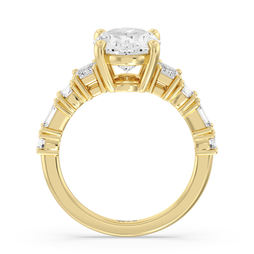 Oval Cut Emerald and Round Side Stone Engagement Ring with Lab Grown Diamond in 14KT Yellow Gold view 2