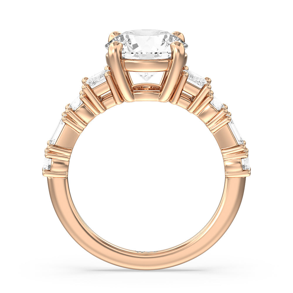 Round Cut Emerald and Round Side Stone Engagement Ring with Lab Grown Diamond in 14KT Rose Gold view 2