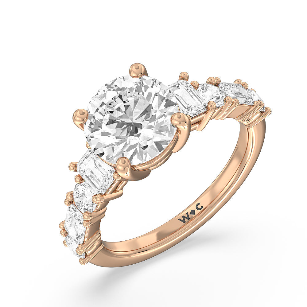 Round Cut Emerald and Round Side Stone Engagement Ring with Lab Grown Diamond in 14KT Rose Gold view 3