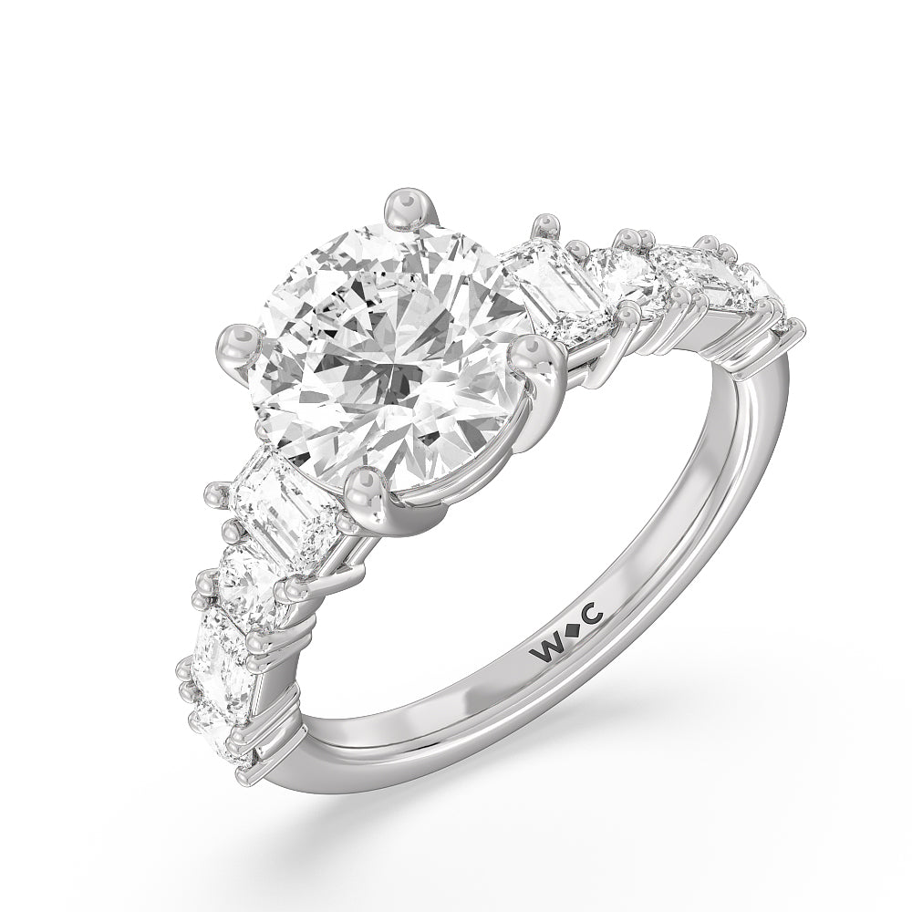 Round Cut Emerald and Round Side Stone Engagement Ring with Lab Grown Diamond in 14KT Platinum view 3