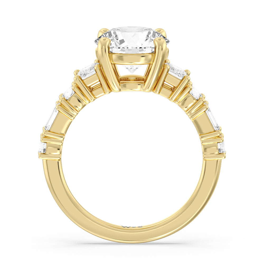 Round Cut Emerald and Round Side Stone Engagement Ring with Lab Grown Diamond in 14KT Yellow Gold view 2