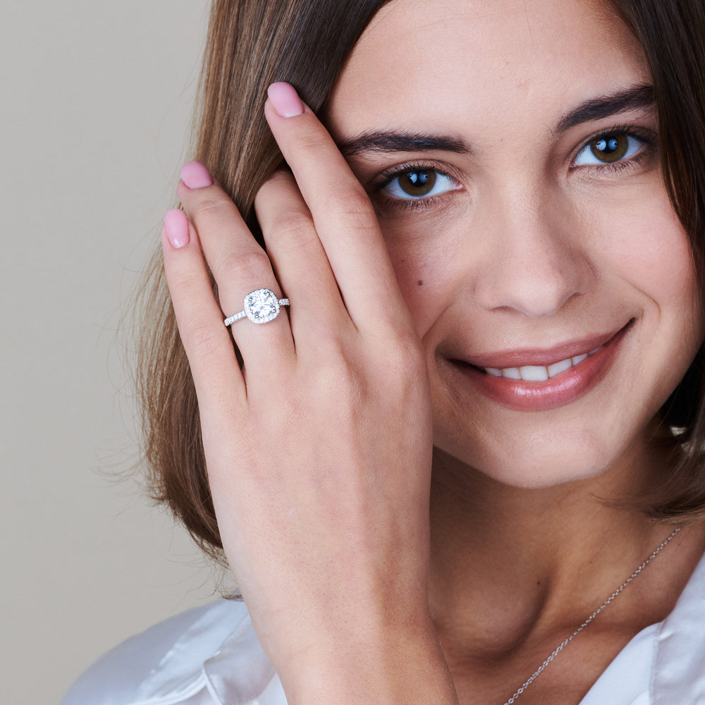 Model Wearing Squarish Halo Diamond Engagement Ring with Lab Grown Diamond view