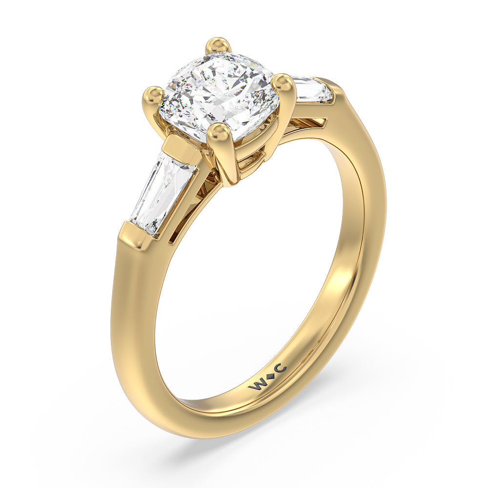 Traditional Three Baguette Engagement Ring with Cushion Cut Diamond in 14KT Yellow Gold view 3
