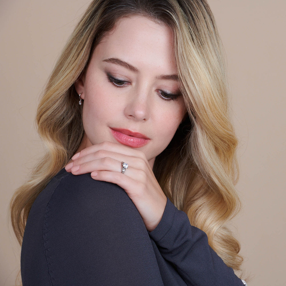 Model Wearing Heirloom Milgrain Diamond Engagement Ring with Lab Grown Diamond view