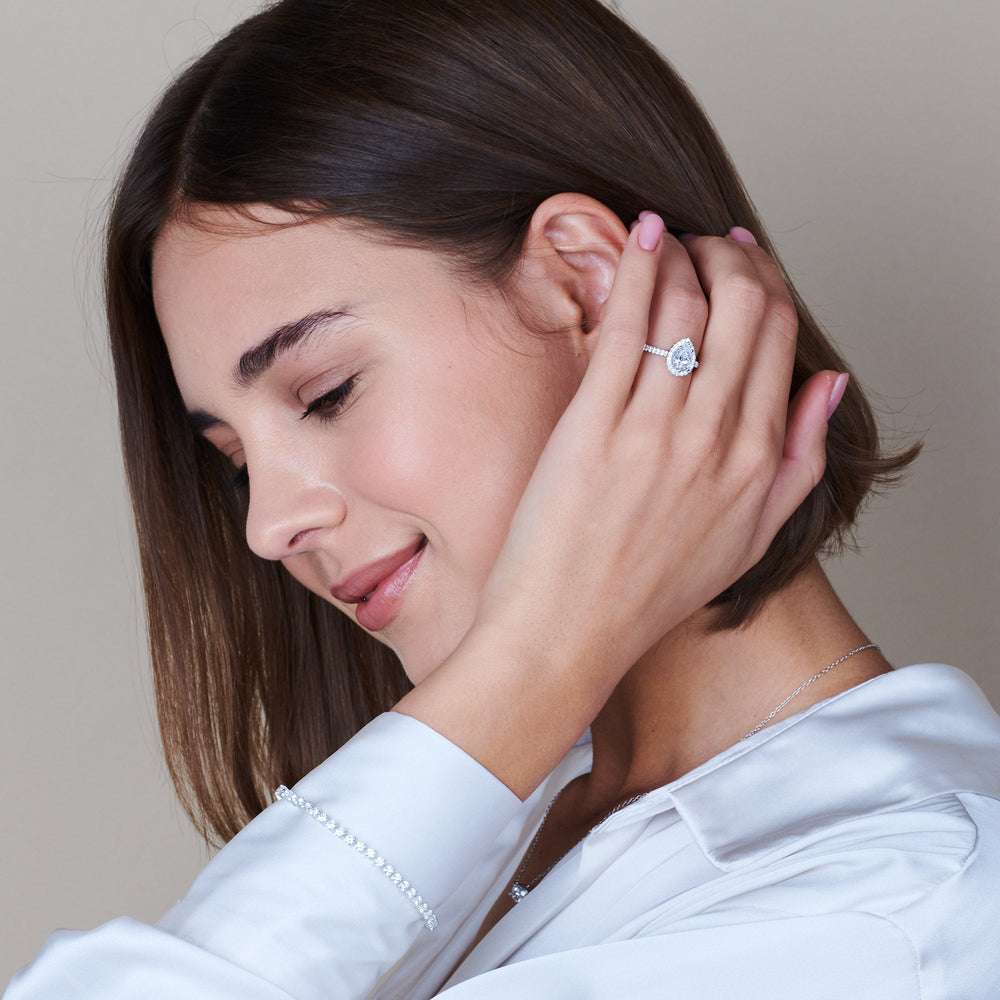 Model Wearing Pave Halo Engagement Ring view