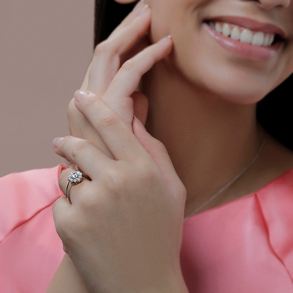 Model Wearing Milgrain Flower Halo Diamond Engagement Ring view