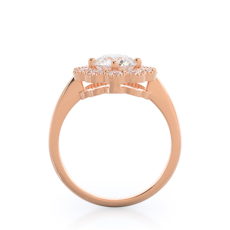 Milgrain Flower Halo Diamond Engagement Ring with Round Cut Diamond in 14KT Rose Gold view 2