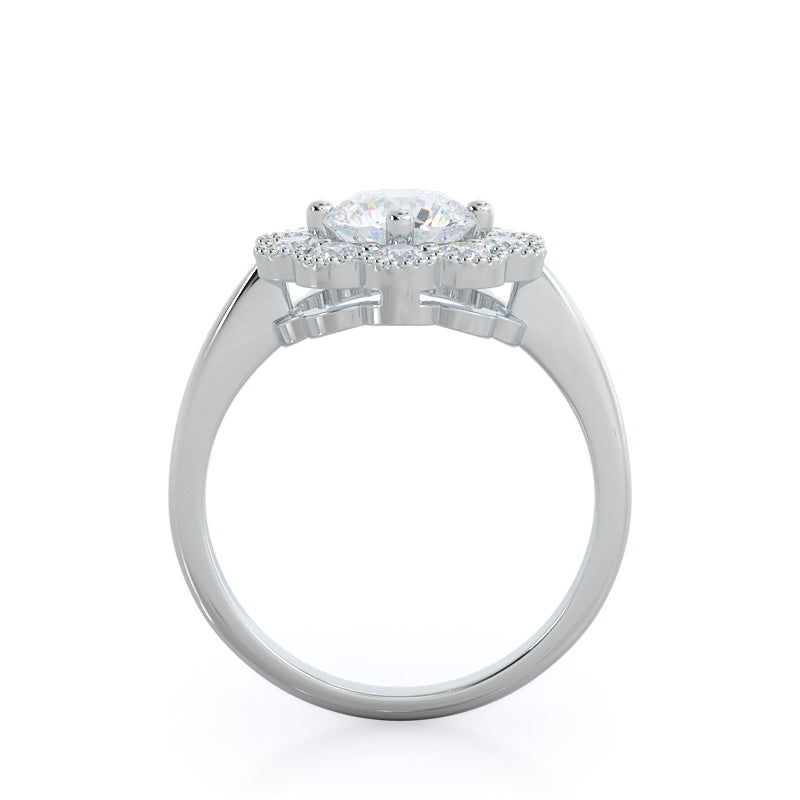 Milgrain Flower Halo Diamond Engagement Ring with Round Cut Diamond in 14KT Platinum view 2