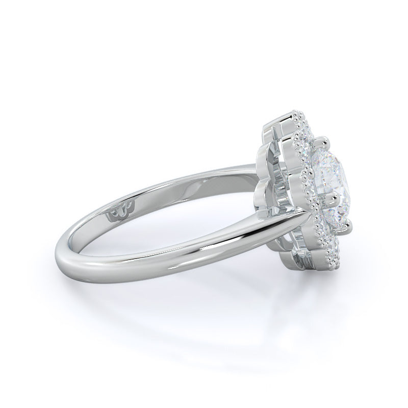 Milgrain Flower Halo Diamond Engagement Ring with Round Cut Diamond in 14KT Platinum view 3