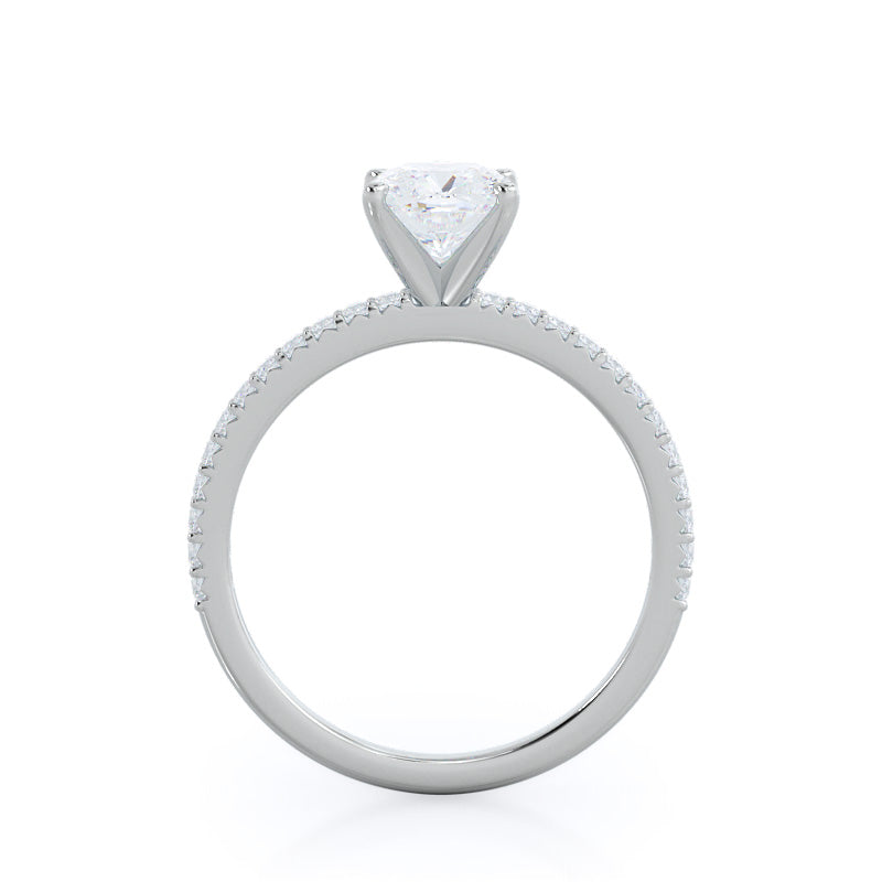 French Cut Pave Diamond Engagement Ring with Cushion Cut Diamond in 14KT Platinum view 2
