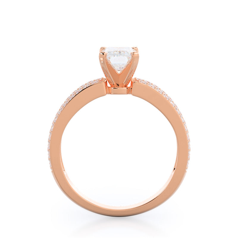 Emerald Cut Three Row Micro Pave Diamond Engagement Ring with Lab Grown Diamond in 14KT Rose Gold view 2
