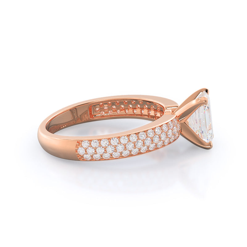 Emerald Cut Three Row Micro Pave Diamond Engagement Ring with Lab Grown Diamond in 14KT Rose Gold view 3