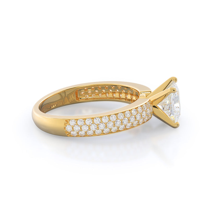 Princess Cut Three Row Micro Pave Diamond Engagement Ring with Lab Grown Diamond in 14KT Yellow Gold view 3