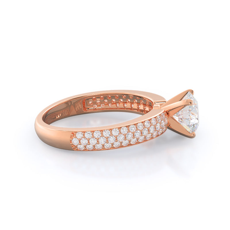 Round Cut Three Row Micro Pave Diamond Engagement Ring with Lab Grown Diamond in 14KT Rose Gold view 3