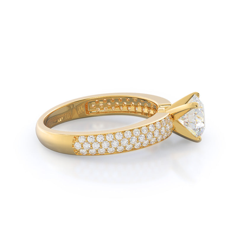 Round Cut Three Row Micro Pave Diamond Engagement Ring with Lab Grown Diamond in 14KT Yellow Gold view 3