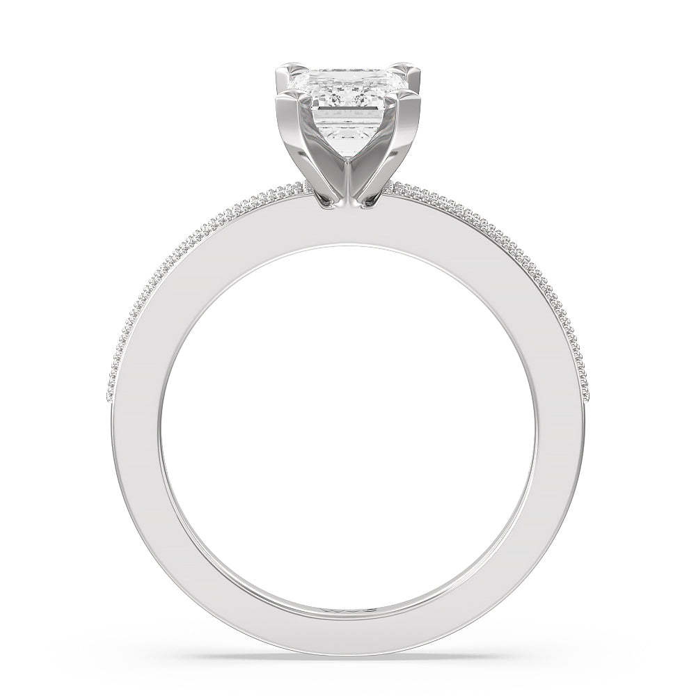 Pave And Milgrain Diamond Engagement Ring with Emerald Cut Diamond in 14KT Platinum view 2