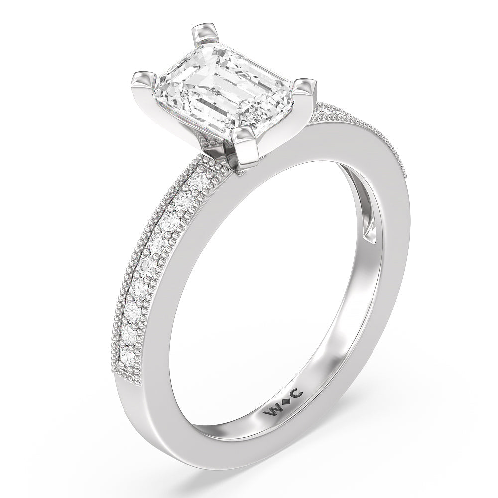 Pave And Milgrain Diamond Engagement Ring with Emerald Cut Diamond in 14KT Platinum view 3
