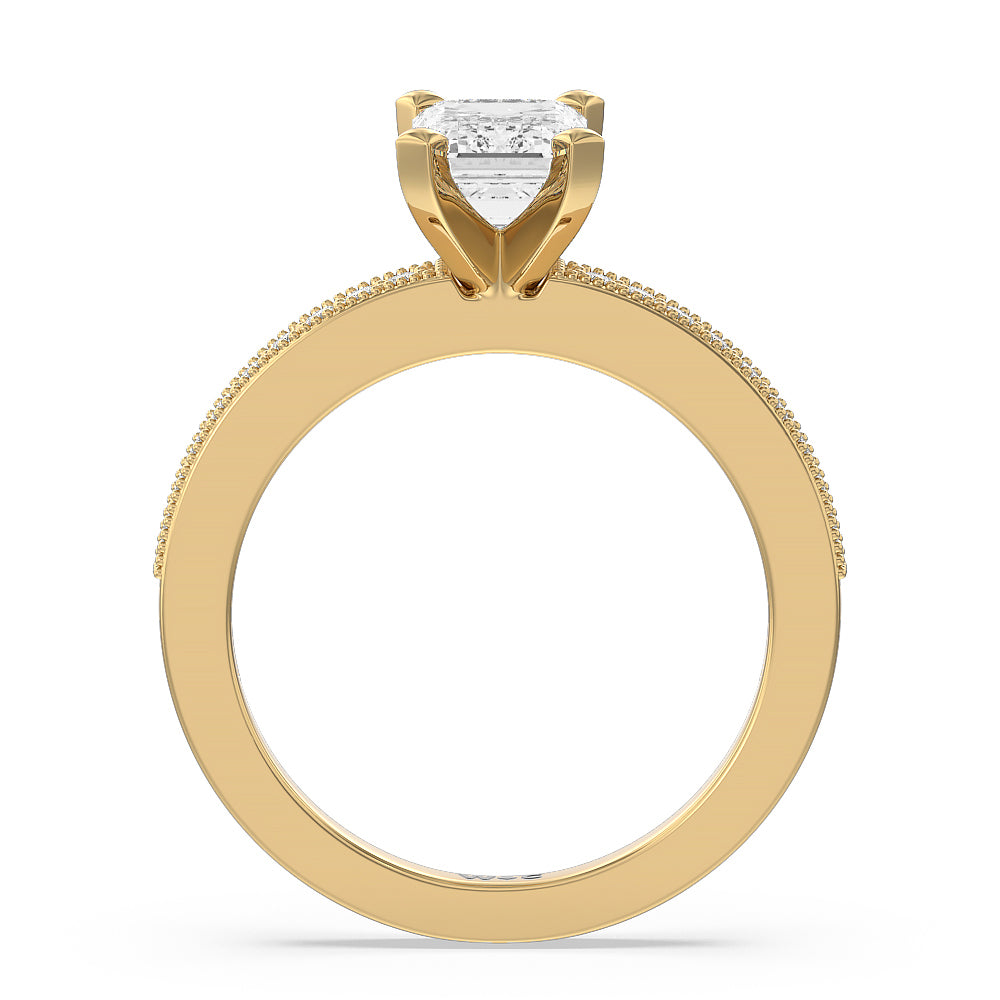 Pave And Milgrain Diamond Engagement Ring with Emerald Cut Diamond in 14KT Yellow Gold view 2