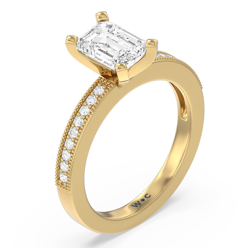 Pave And Milgrain Diamond Engagement Ring with Emerald Cut Diamond in 14KT Yellow Gold view 3