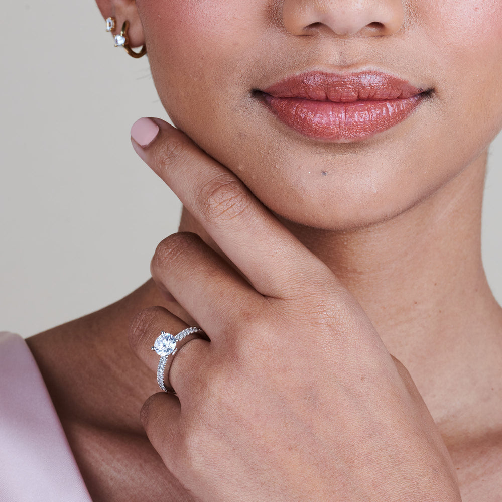 Model Wearing Pave And Milgrain Diamond Engagement Ring view