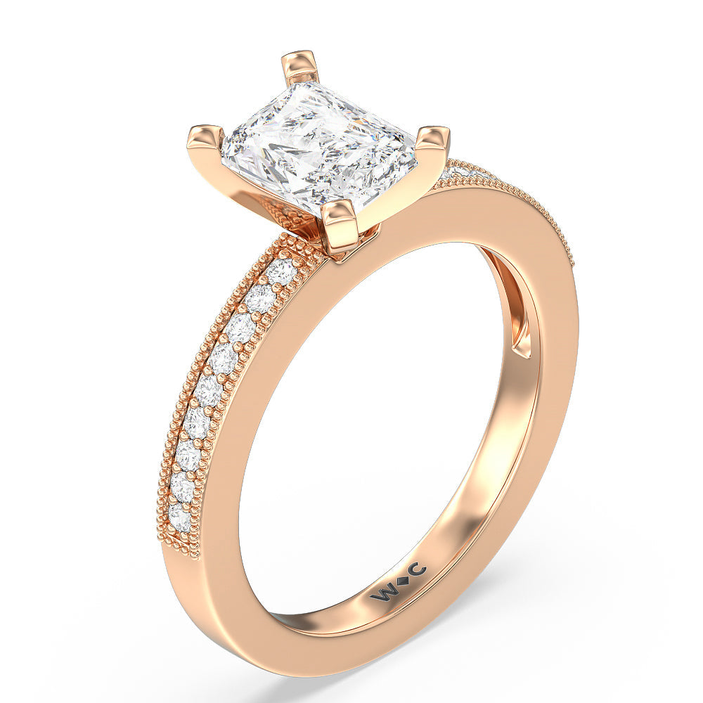 Pave And Milgrain Diamond Engagement Ring with Radiant Cut Diamond in 14KT Rose Gold view 3