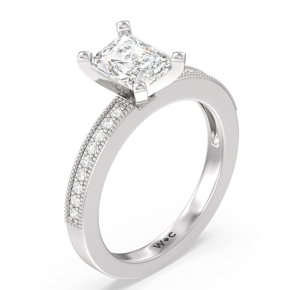Pave And Milgrain Diamond Engagement Ring with Radiant Cut Diamond in 14KT Platinum view 3